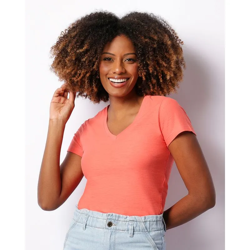 Blusa Feminina Manga Curta Decote V Básica Laranja GG