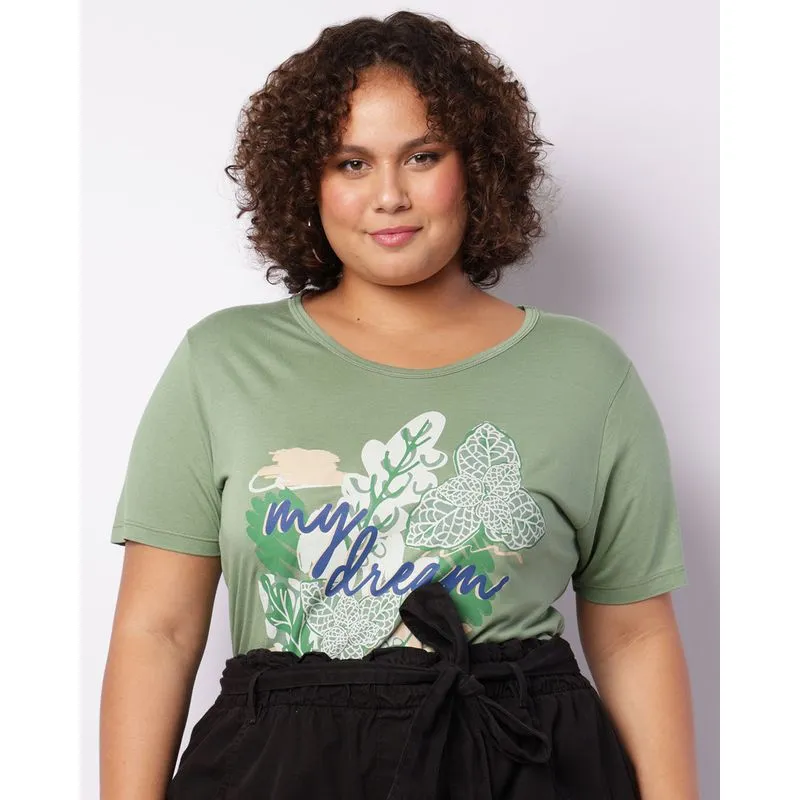 Blusa Plus Size Feminina Viscose Estampa Frontal Verde G3