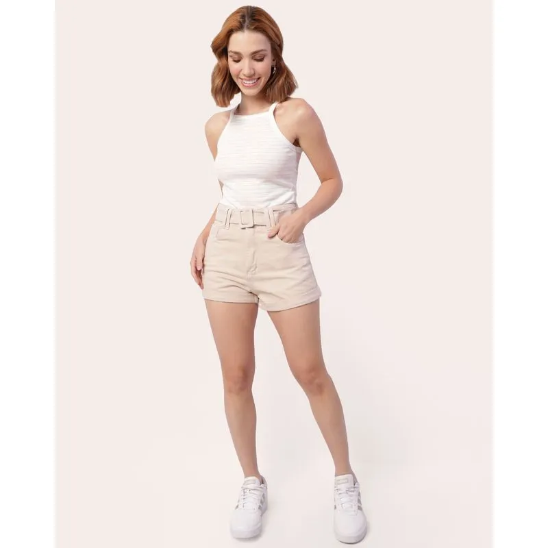 Short Sarja Feminino Algodão com Cinto Bege 34