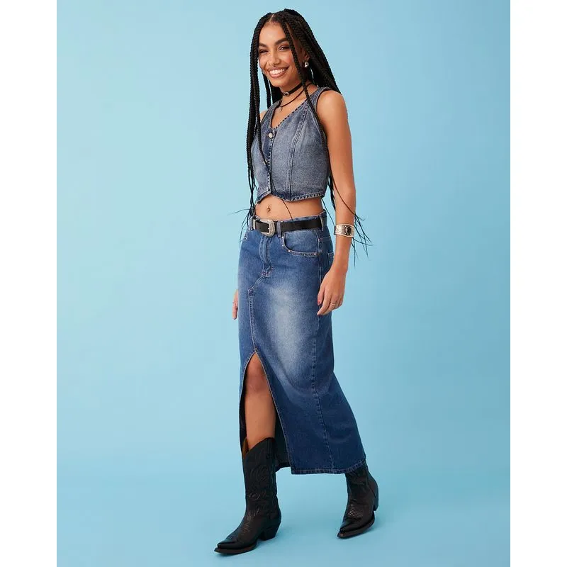 Saia Jeans Feminina Longa Fenda Frontal com Tachos Azul 40