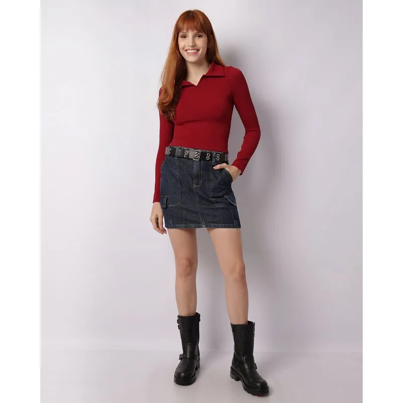Saia Jeans Feminina com Bolsos Carpinteiro Cargo Azul 46
