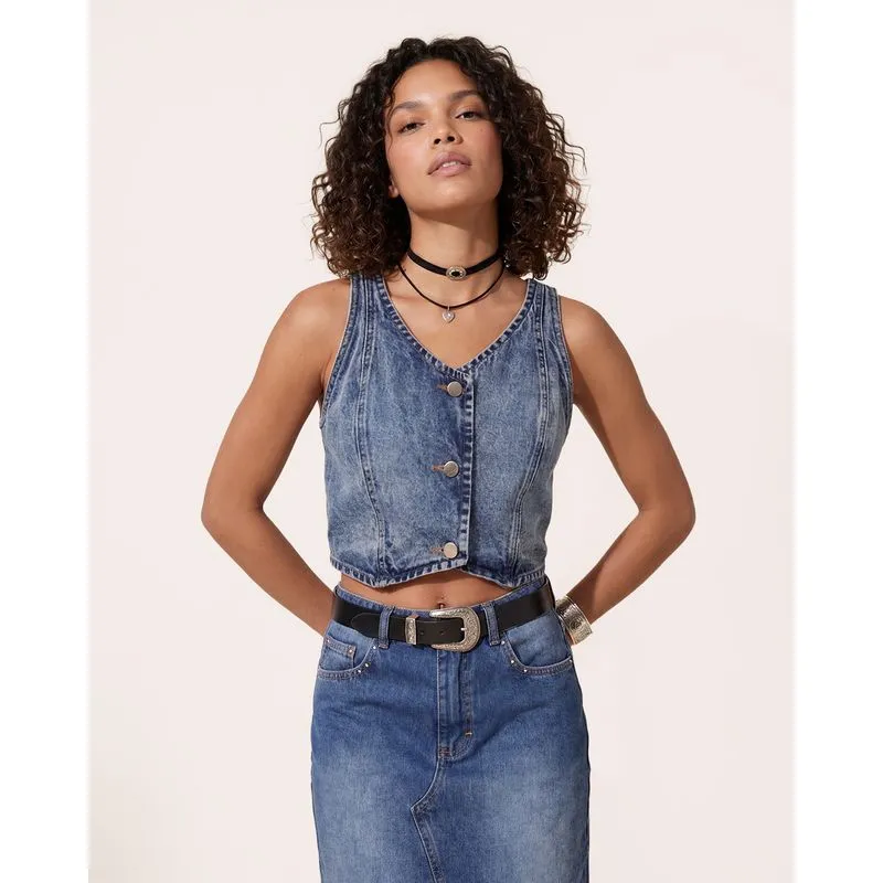Colete Jeans Feminino Frente Única Com Botão Azul PP