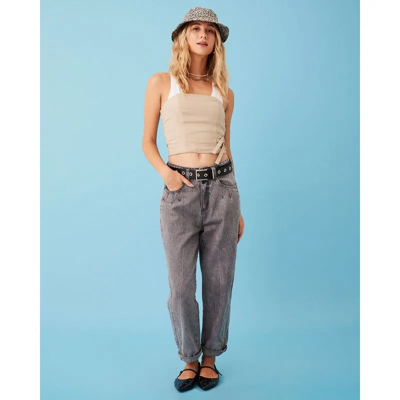 Calça Jeans Feminina Paper Bag Com Recortes Preta 42