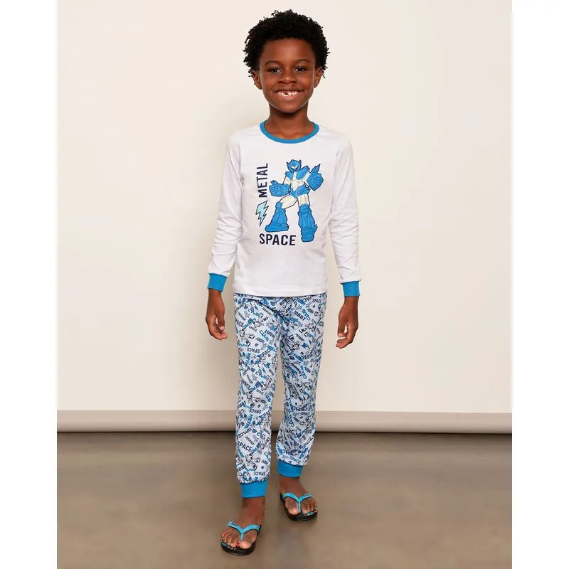 Pijama Infantil Longo Estampa Robô Manga Longa Branca 10