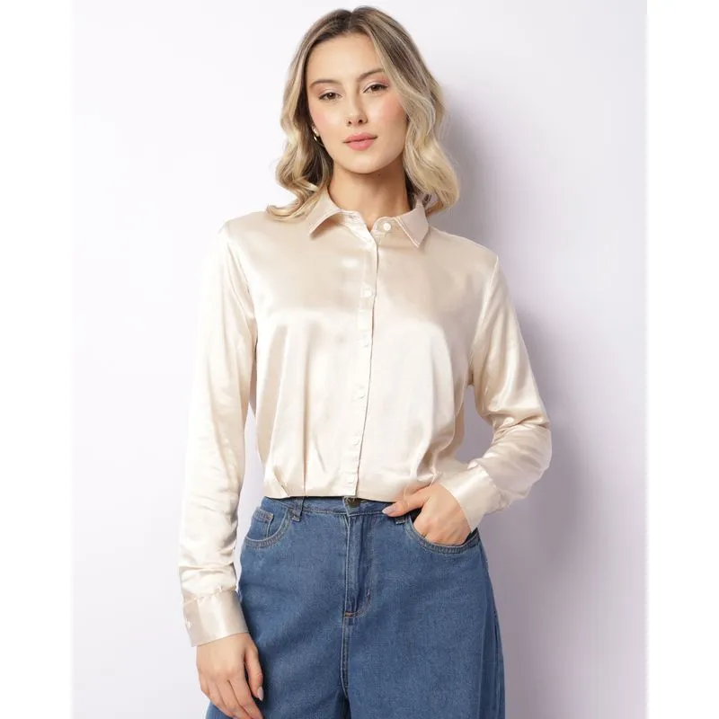 Camisa Feminina Cropped Acetinada Manga Longa Viscose Bege M