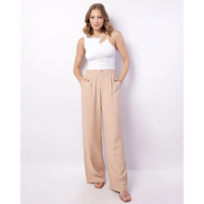 Calça Feminina Viscose Wide Leg Com Bolsos Bege 44