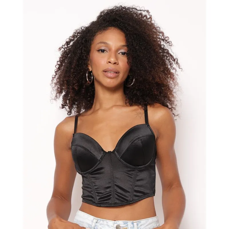Top Cropped Feminino Corset Acetinado com Bojo Preto G