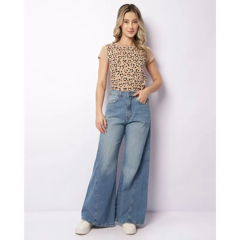 Calça Jeans Feminina Pantalona Estonada Azul 44