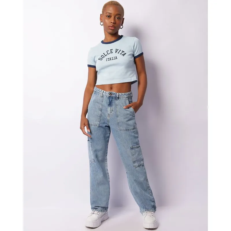 Calça Jeans Feminina Carpinteira Bolso Cargo Marmorizada Azul 42
