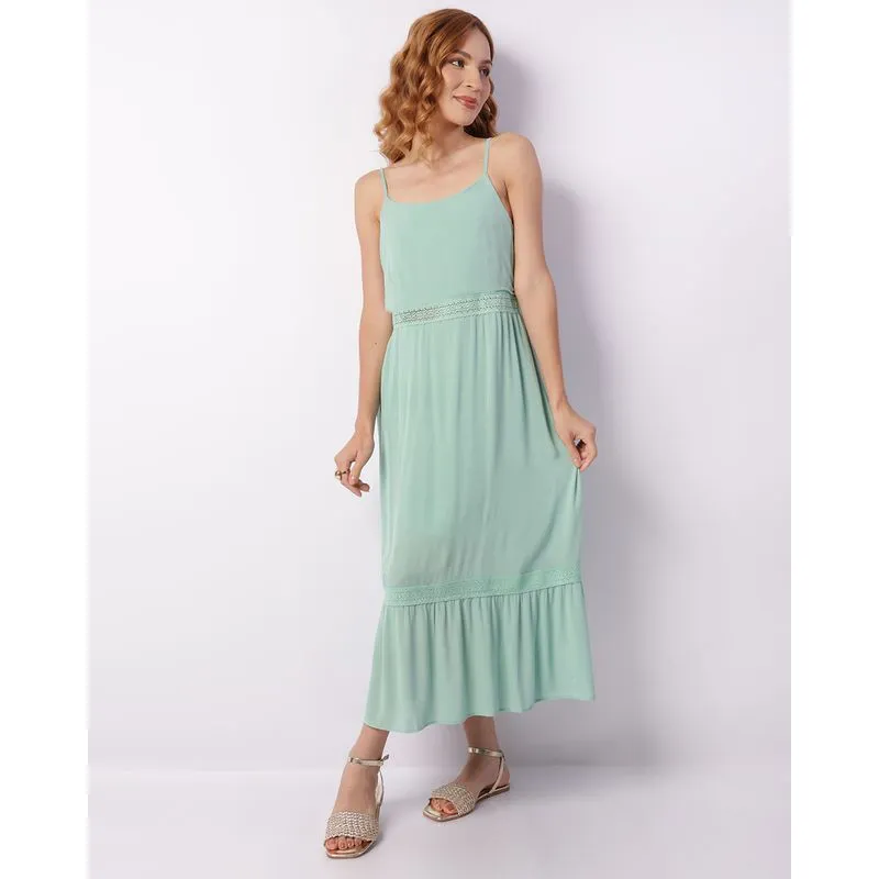 Vestido Feminino Viscose Midi Berry & Co. Lastex Com Bordado Verde G