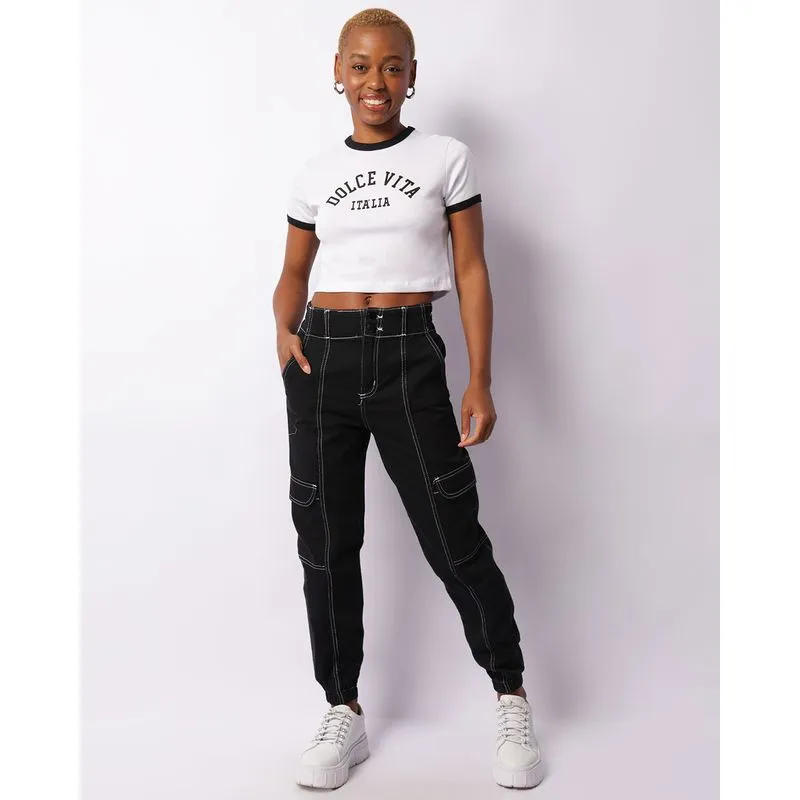 Calça Feminina Sarja Jogger Bolso Cargo Preta 40