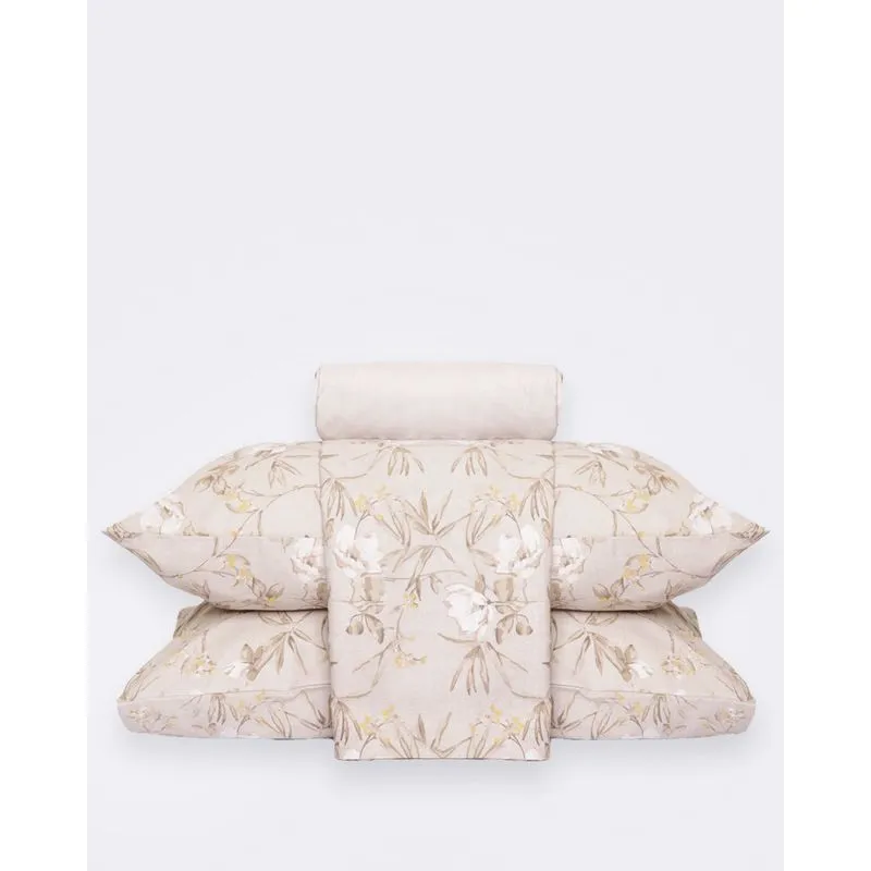 Jogo De Cama Casal 4 Peças Algodão Corttex Estampa Floral Bege UN