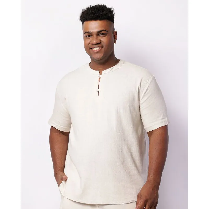 Camisa Plus Size Masculina Viscolinho Gola Padre Bege G2