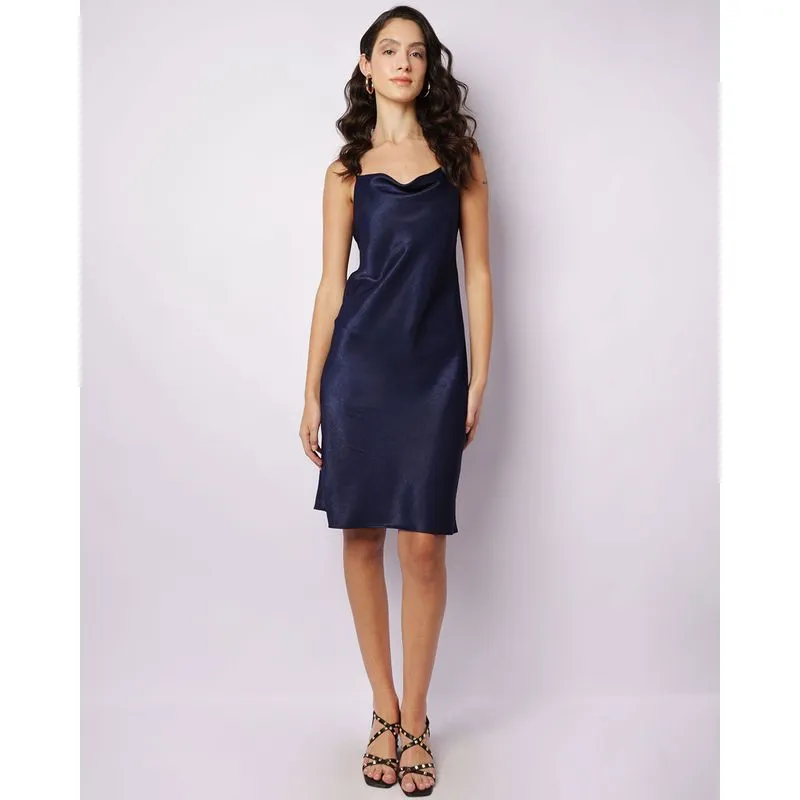 Vestido Feminino Alcinha Curto Slip Dress Acetinado Marinho P