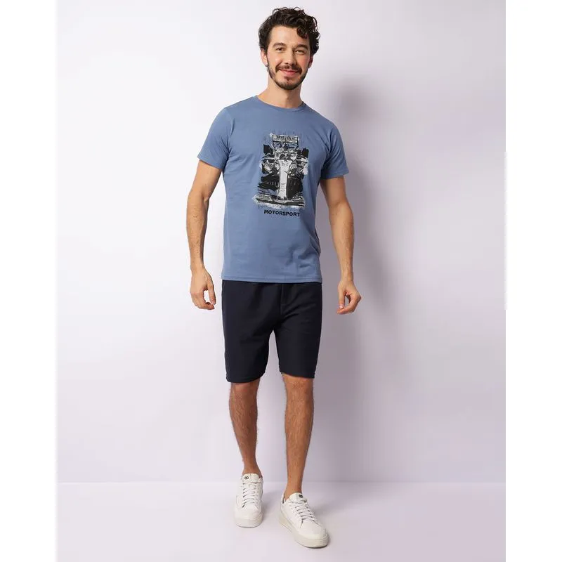 Bermuda Masculina Moletom Texturizada Bolsos Com Cordão Azul P
