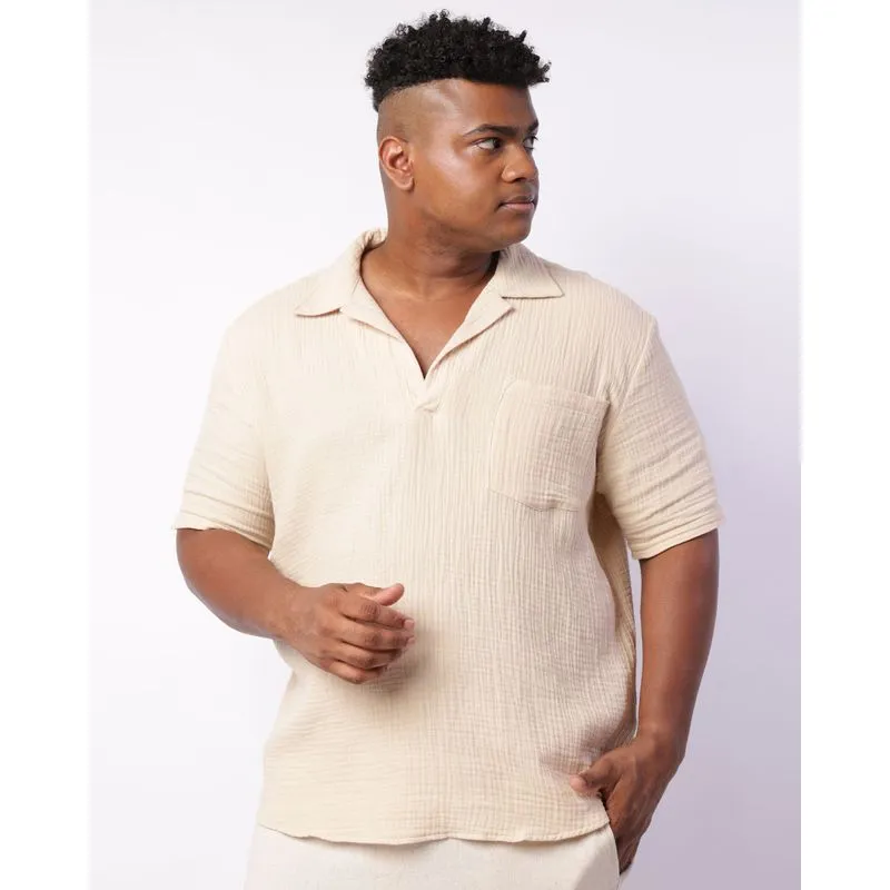 Camisa Plus Size Masculina Texturizada Manga Curta Bege G1