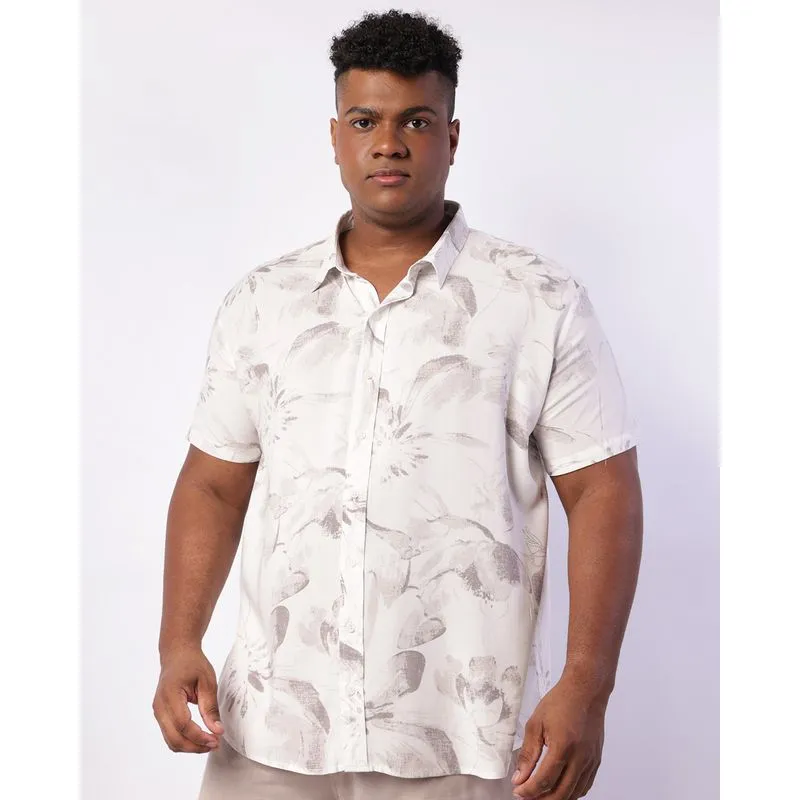 Camisa Plus Size Masculina Manga Curta Viscose Estampa Folhagem Off White G3