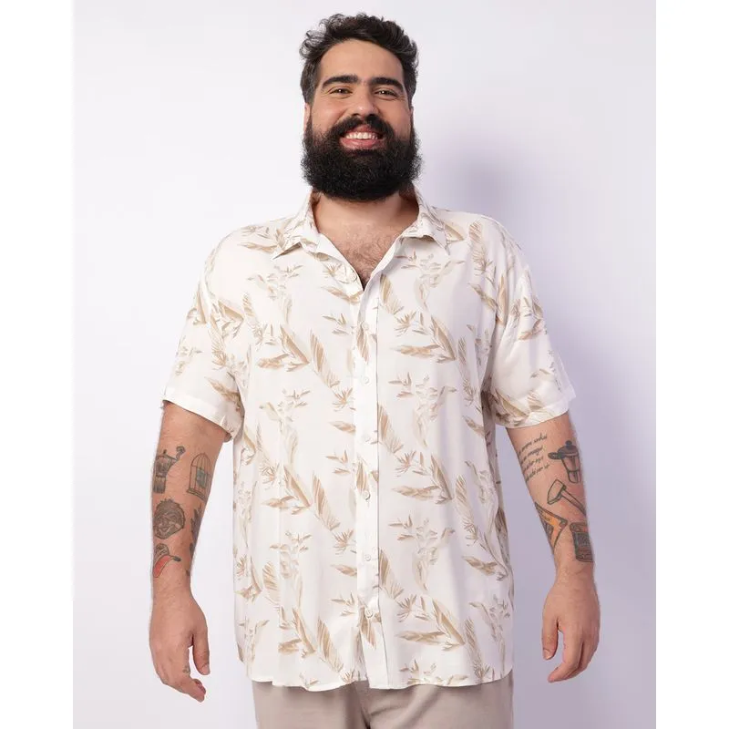 Camisa Plus Size Masculina Viscose Estampada Manga Curta Off White G2