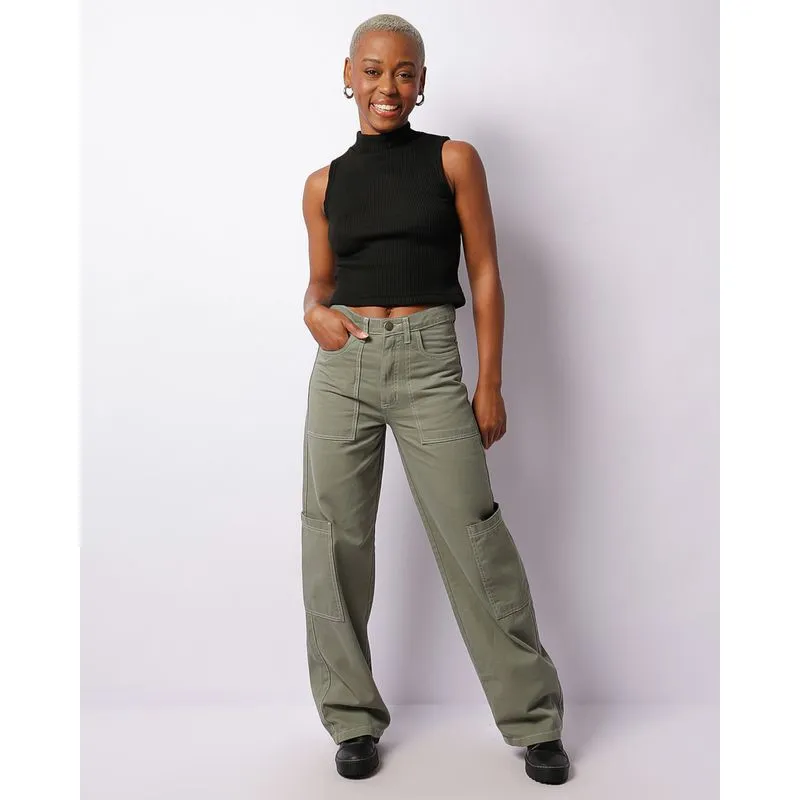 Calça Feminina Sarja Wide Leg Cargo Verde 40