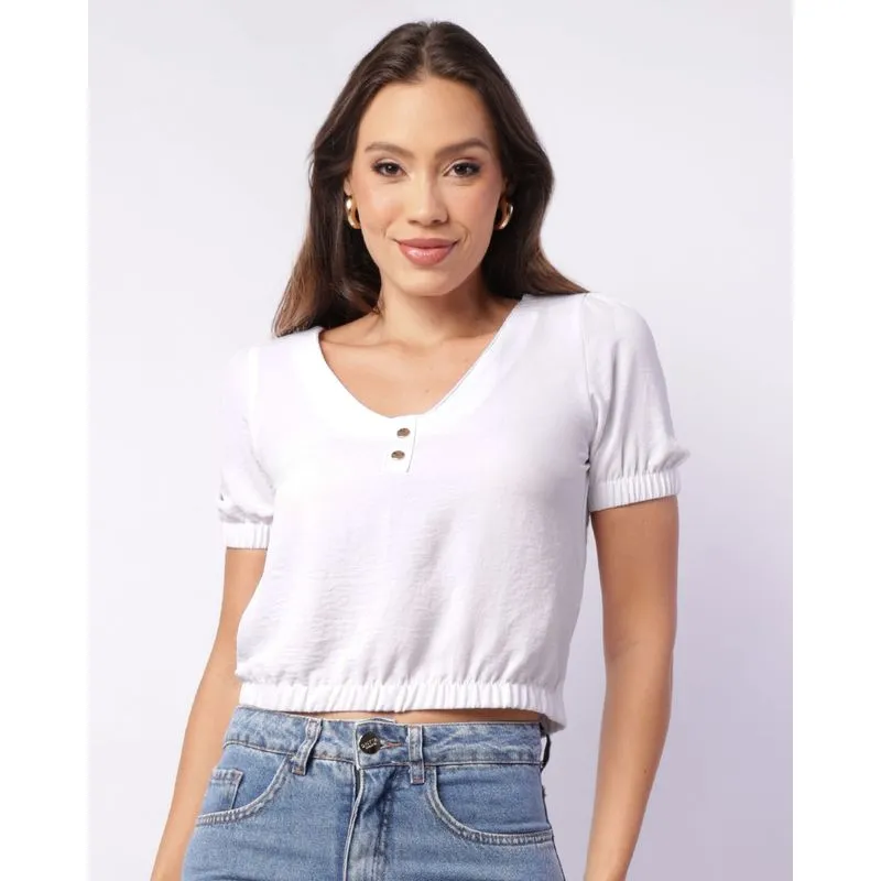 Blusa Feminina Berry & Co. Decote V com Elástico Branca M