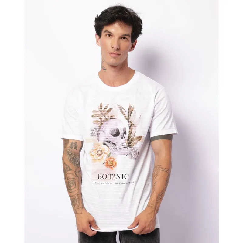 Camiseta Masculina Estampa Caveira Com Flores Manga Curta Branca P