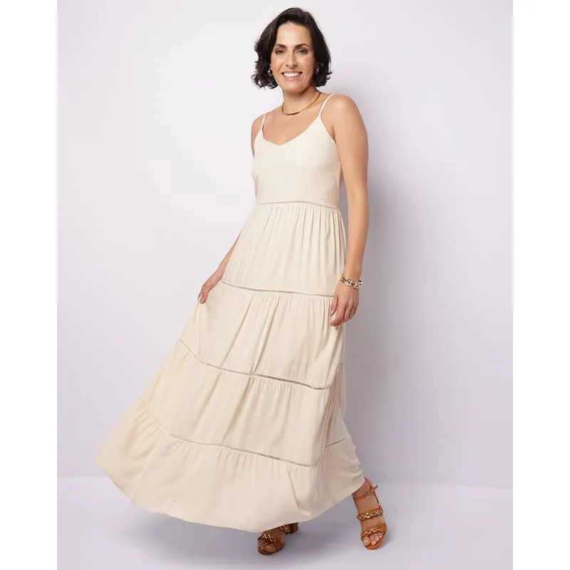 Vestido Feminino Longo Viscose Detalhe Entremeio Bege P