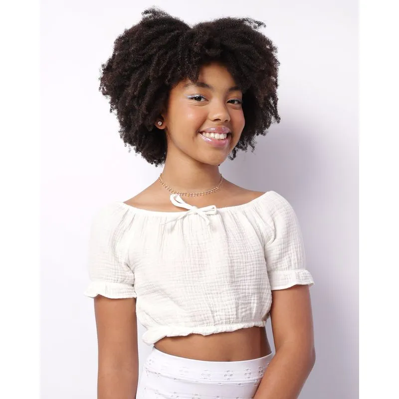 Blusa Juvenil Cropped Ciganinha Algodão Texturizado Branca 10