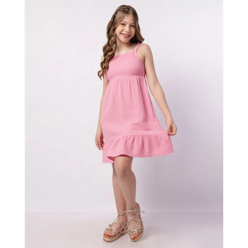 Vestido Juvenil Algodão Curto Texturizado com Lastex Rosa 14