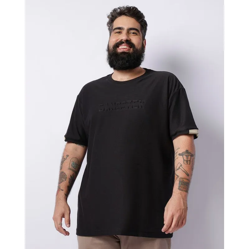 Camiseta Plus Size Masculina Gangster Manga Curta Estampa Emboss Preta G2