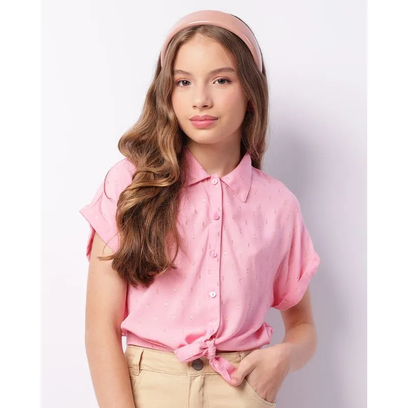 Camisa Juvenil Cropped Com Lurex Manga Curta Rosa 10