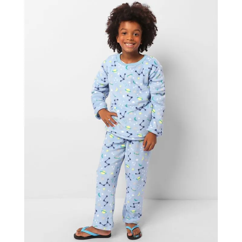Pijama Infantil Longo Fleece Estampada Azul Claro 4