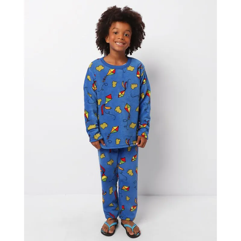 Pijama Infantil Longo Fleece Estampada Azul 8
