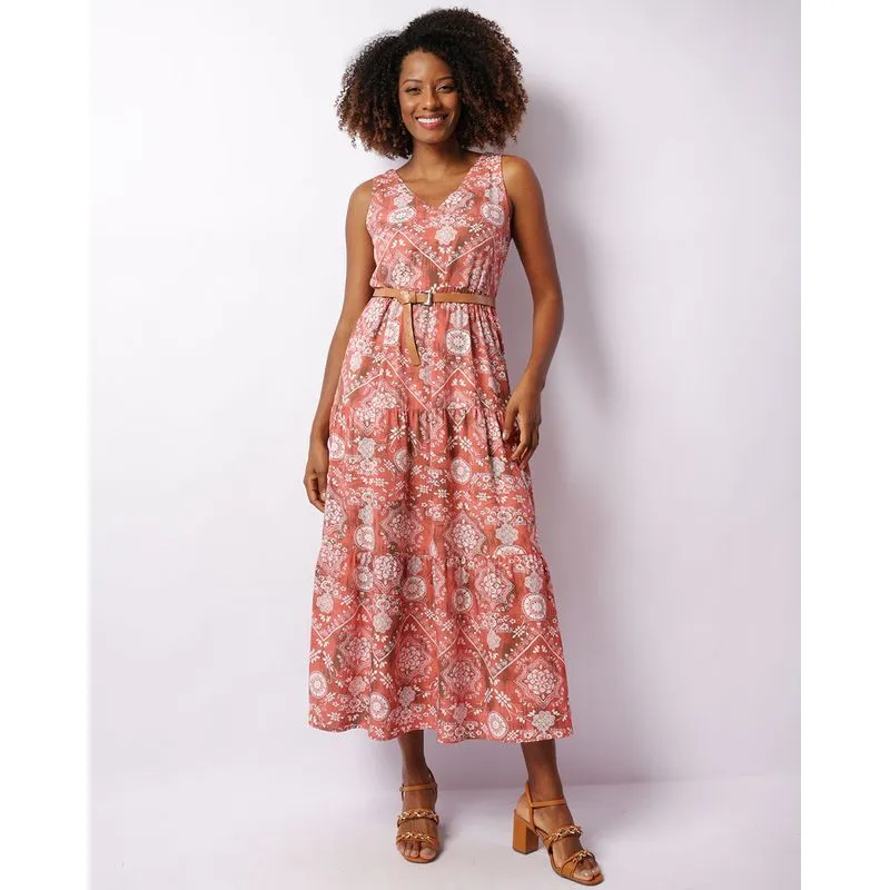 Vestido Feminino Viscose Longo Três Marias Estampado Vermelho M