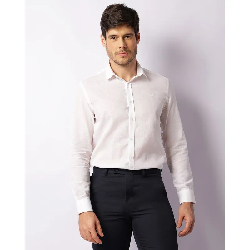 Camisa Masculina Linho Manga Longa Com Botões Branca 5