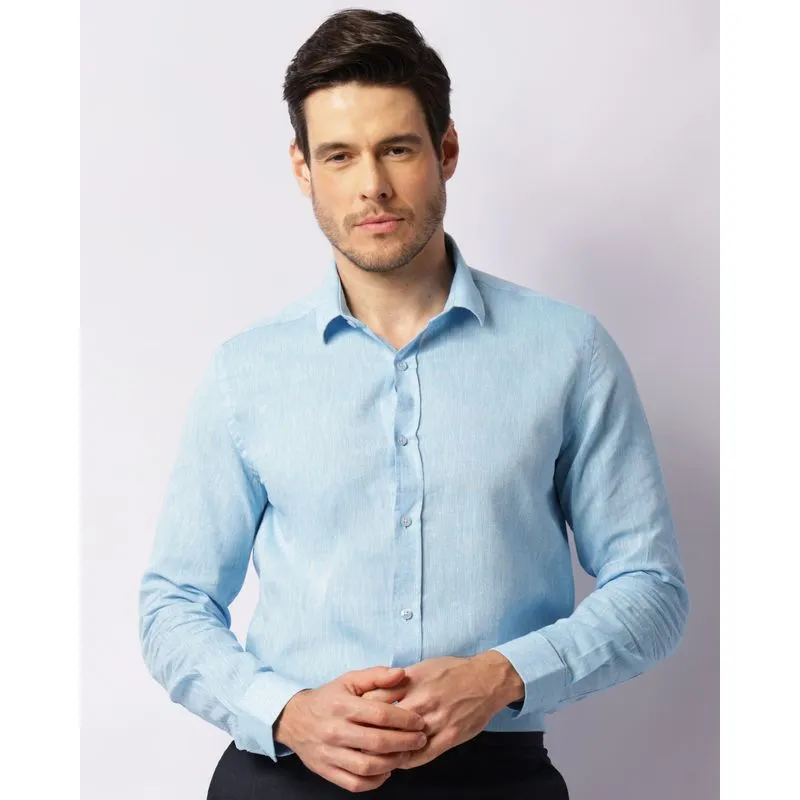 Camisa Masculina Linho Manga Longa Com Botões Azul 3