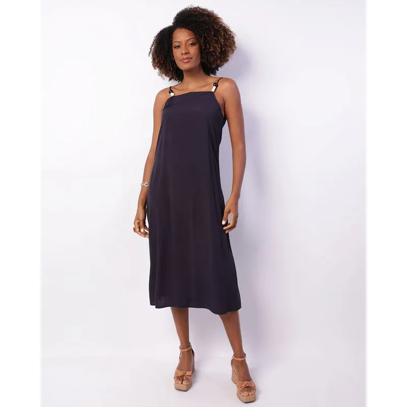 Vestido Feminino Midi Viscose Berry & Co. com Miçangas Marinho G
