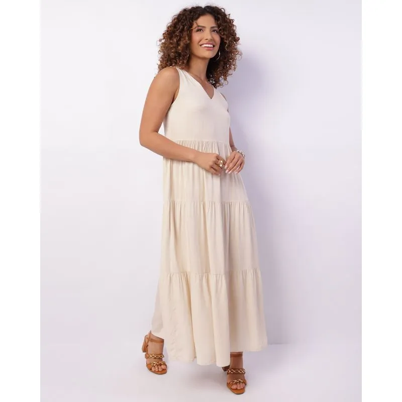 Vestido Feminino Berry & Co. Viscose Longo Liso Bege GG