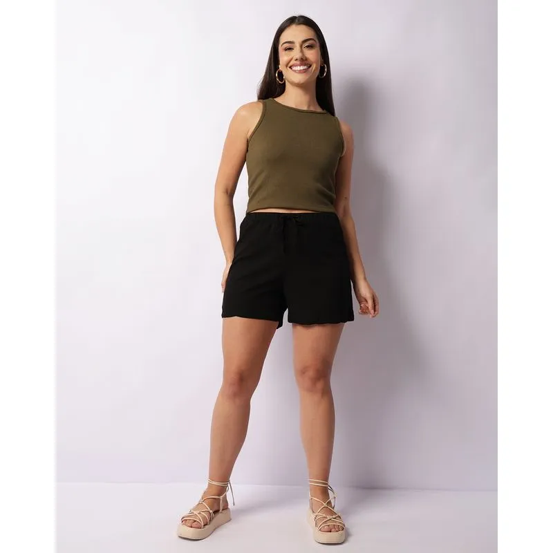 Short Feminino Berry & Co. Viscolinho Curto com Cordão Preto P