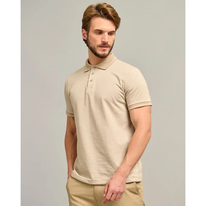 Camisa Polo Masculina Listrada Manga Curta Bege M