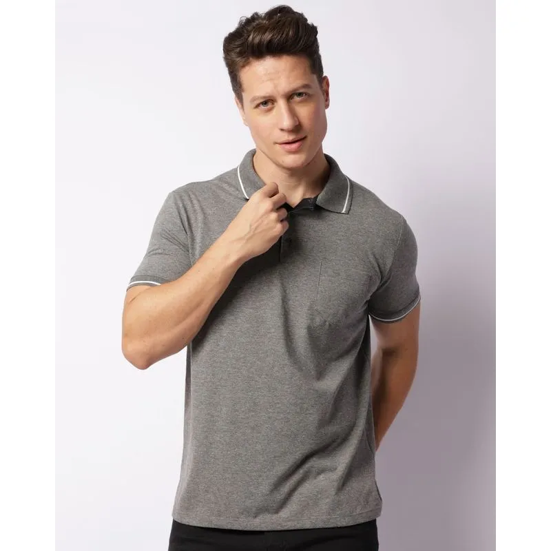 Camisa Polo Masculina Com Bolso Manga Curta Cinza G