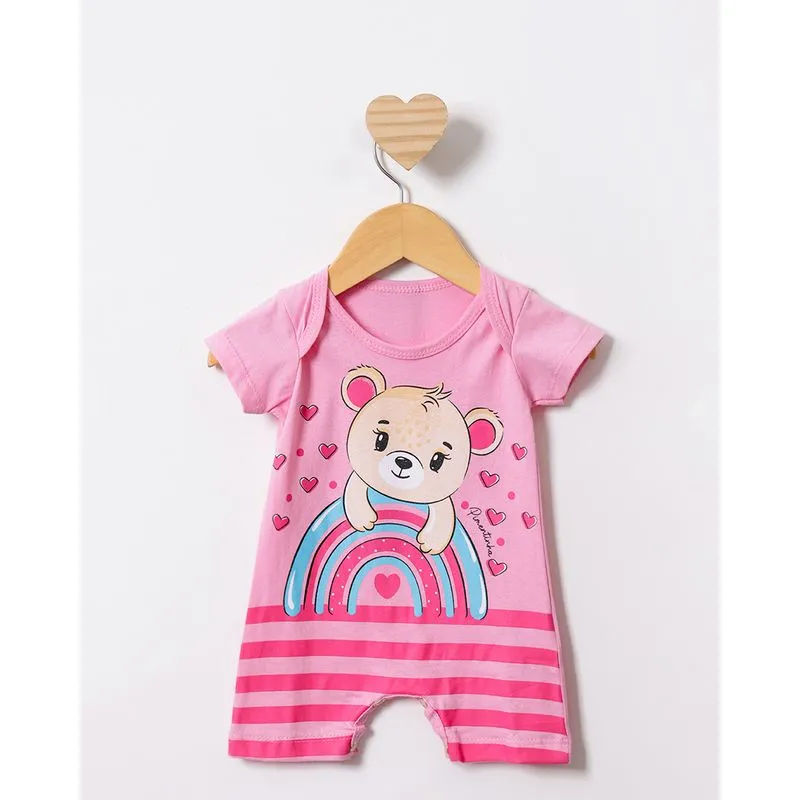 Macacão Bebê Estampa Urso Arco-íris Manga Curta Rosa G