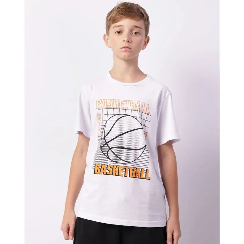 Camiseta Juvenil Manga Curta Estampa Basquete Branca 12
