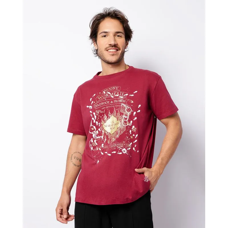 Camiseta Masculina Warner Harry Potter Manga Curta Vinho GG