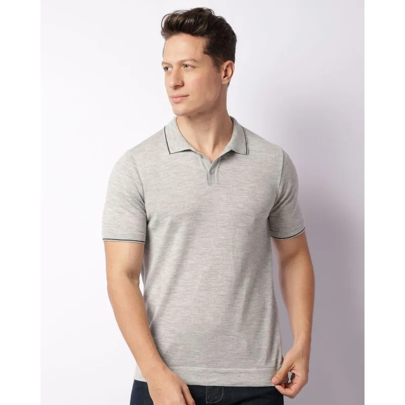 Camisa Polo Masculina Tricô Manga Curta Cinza GG