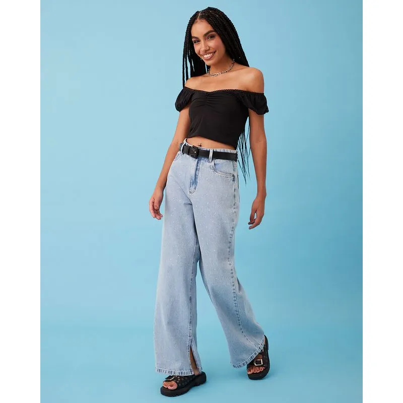 Calça Jeans Feminina Wide Leg Aplicação De Strass Com Fenda Azul 36