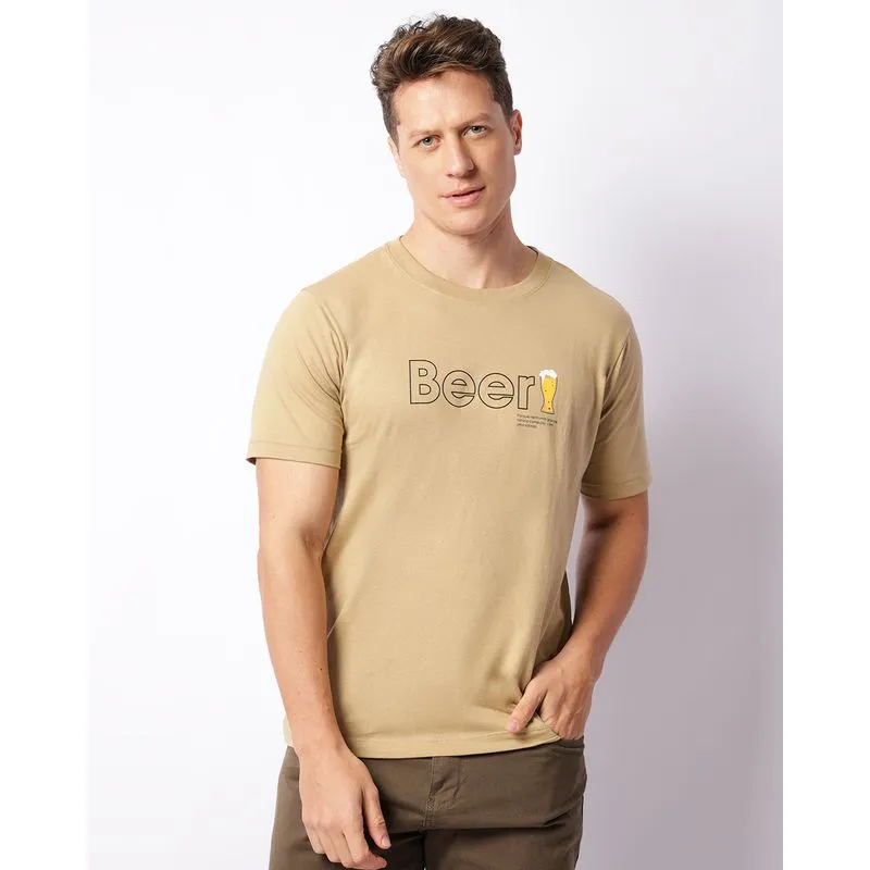 Camiseta Masculina Estampa Cerveja Manga Curta Bege G