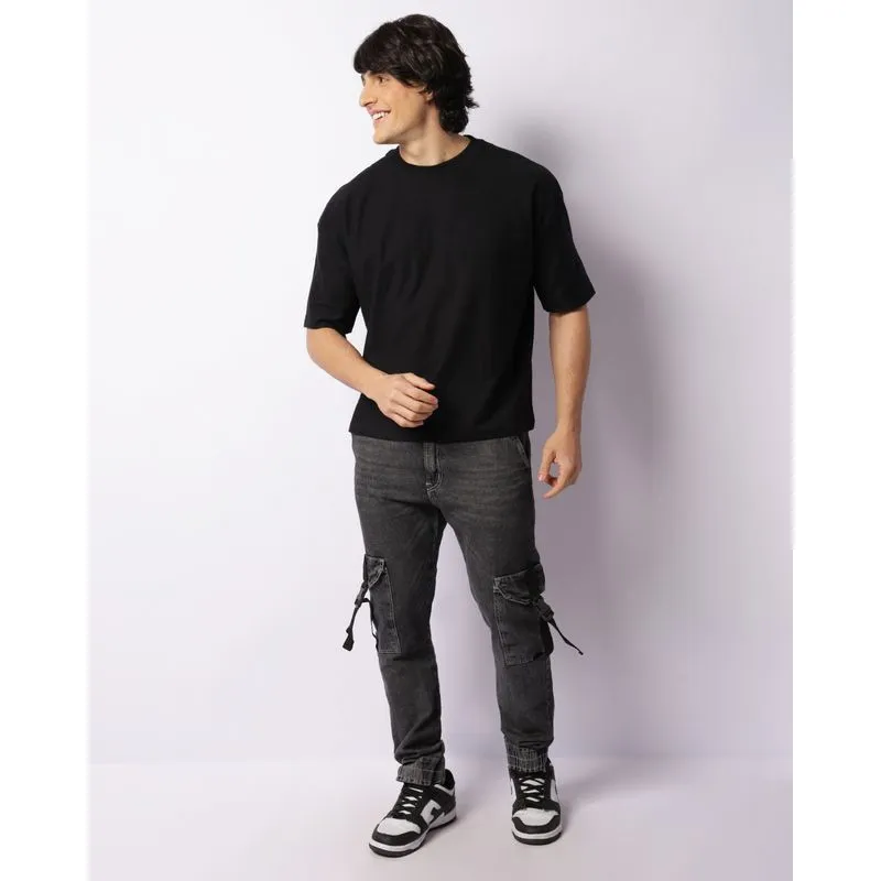Calça Jeans Masculina Jogger Bolso Cargo Com Fecho De Encaixe Cinza 36