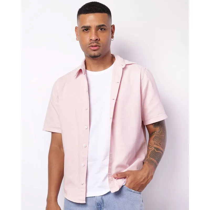 Camisa Masculina Sarja Manga Curta Com Botões Rosa M