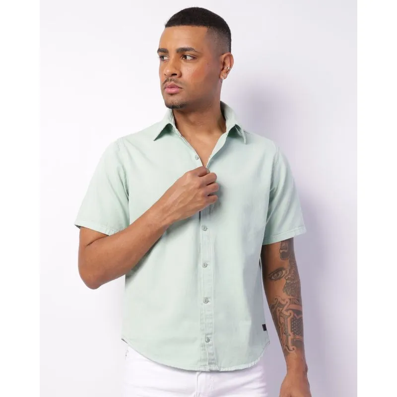 Camisa Masculina Sarja Manga Curta Com Botões Verde M