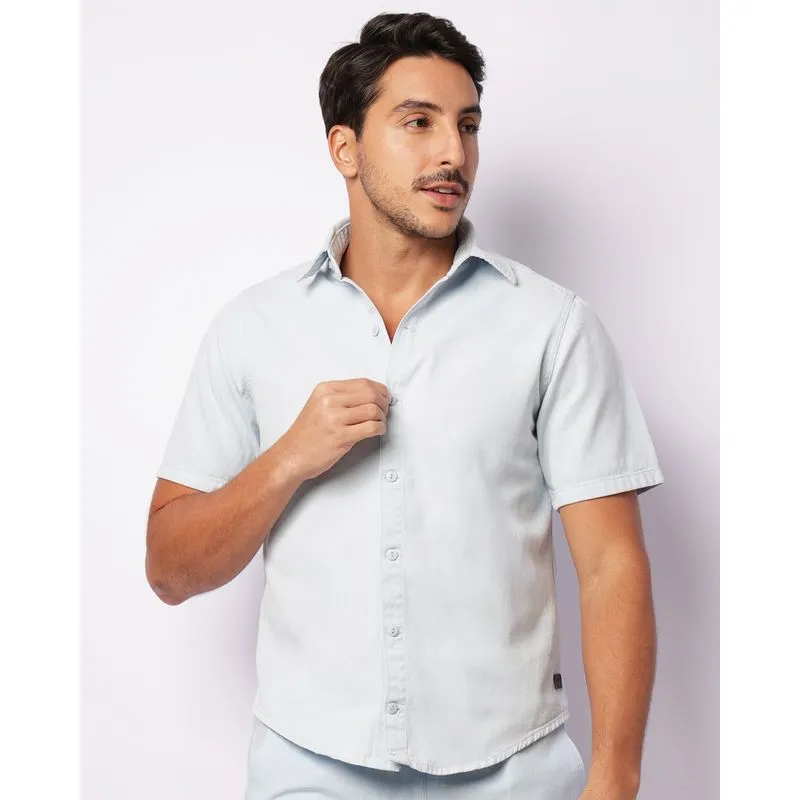 Camisa Masculina Sarja Manga Curta Com Botões Azul G